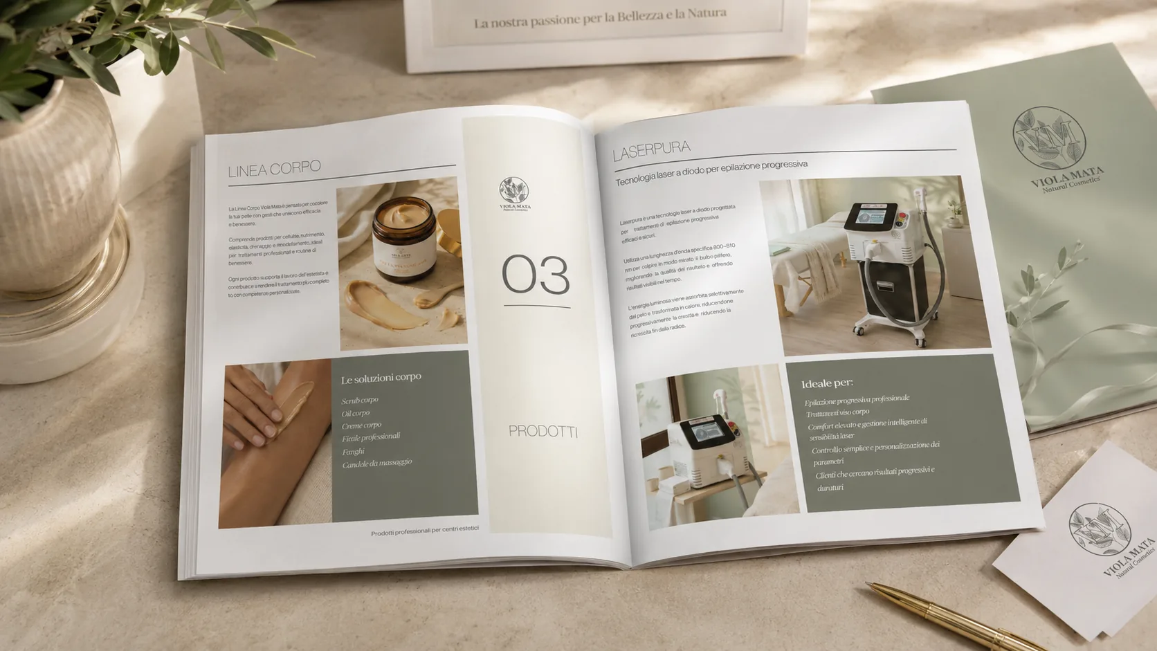 Mockup stampato del catalogo Viola Mata aperto su tavolo