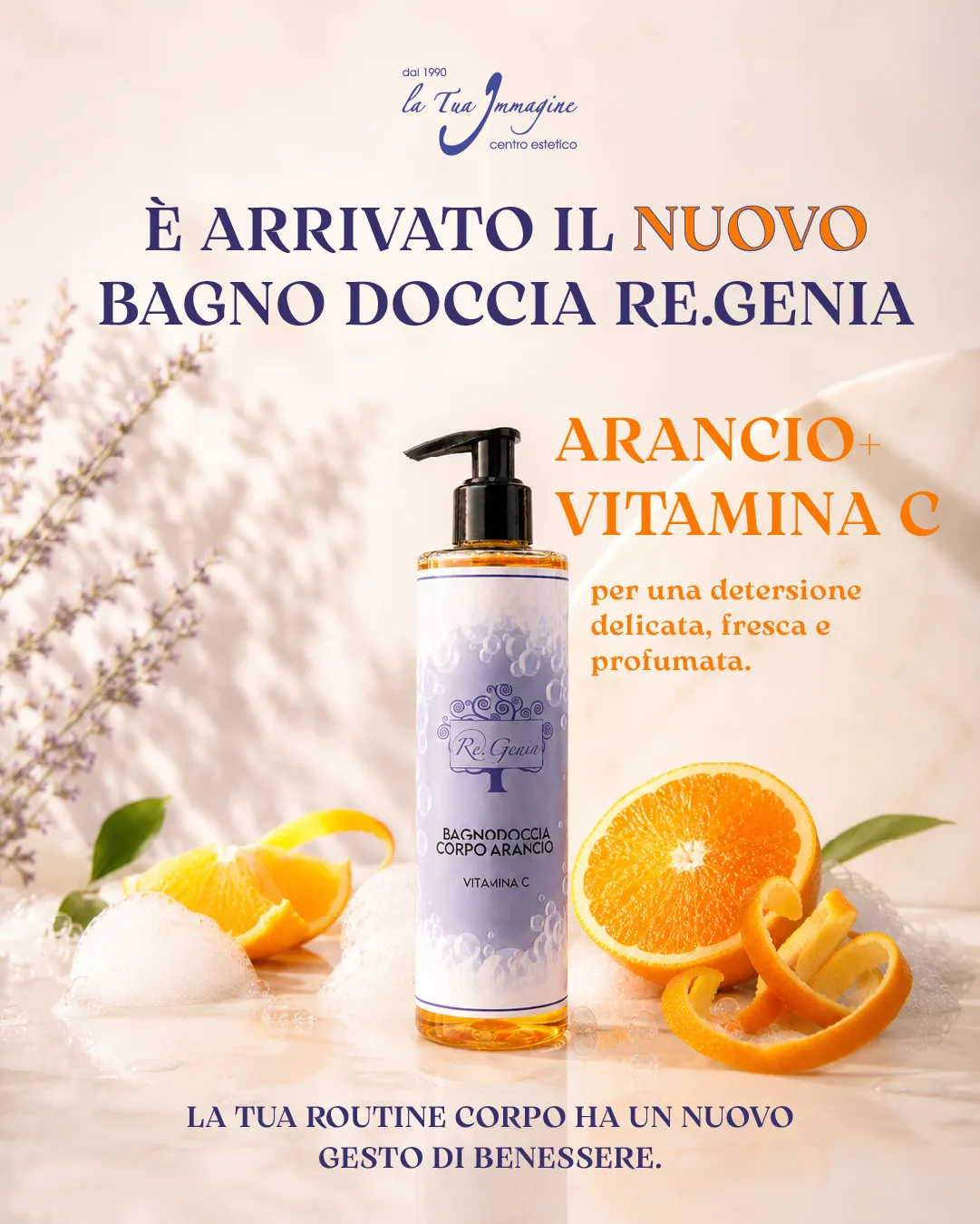 Post social Re Genia bagnodoccia corpo arancio