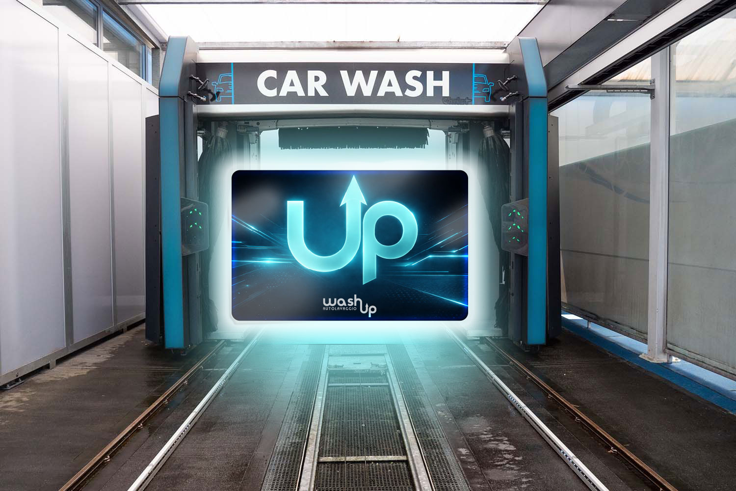 Tessera autolavaggio con logo ambientata nel car wash