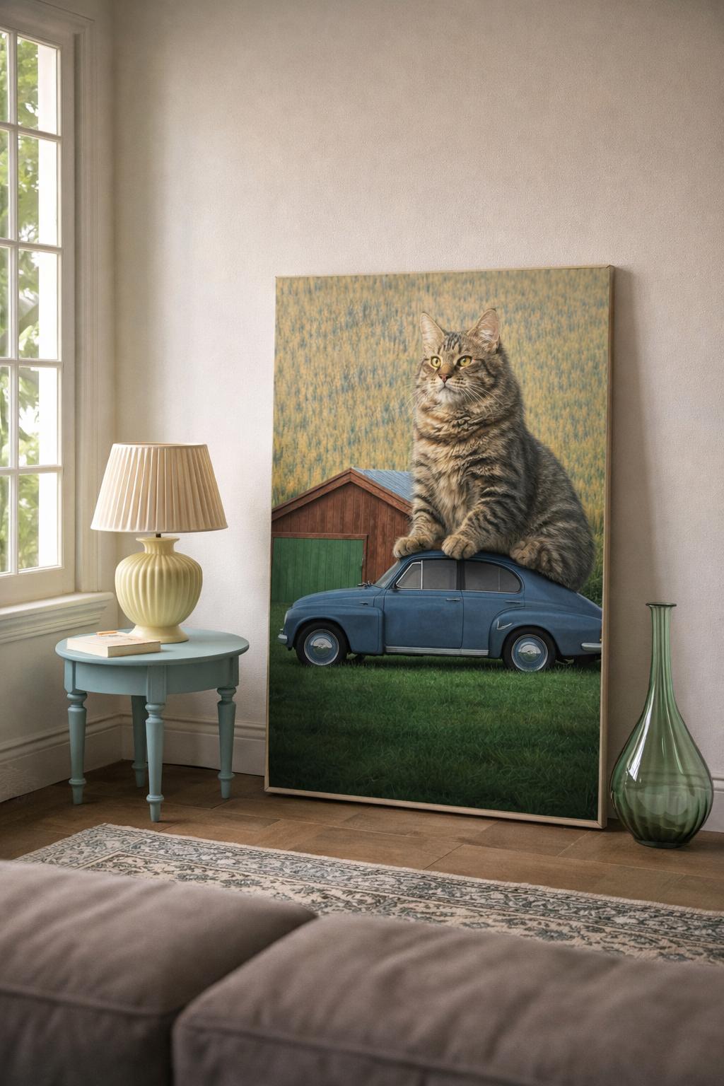 Grafica personale stampata su tela con gatto e auto